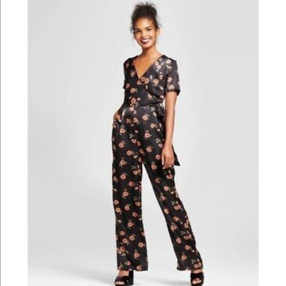 Xhilaration black satin floral jumpsuit size XL